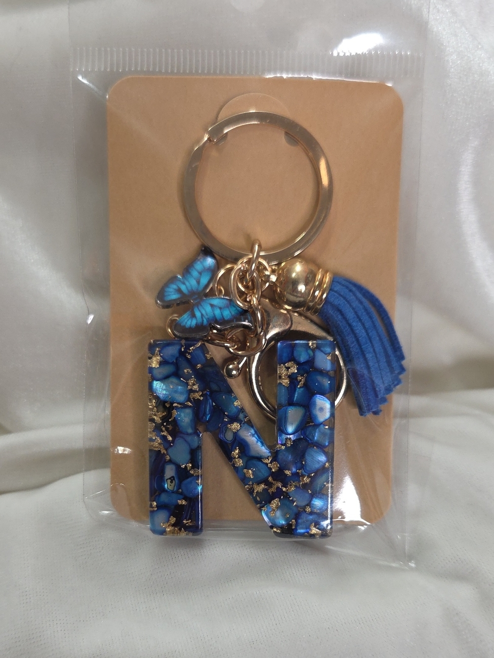 Initial Letter "N" Blue Gold Resin Keychain Purse Charm Handbag Charm Butterfly